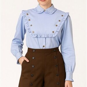 VTG Frontier Classics Amarillo Bib Blouse Western Blue Cotton Ruffle Button Up S